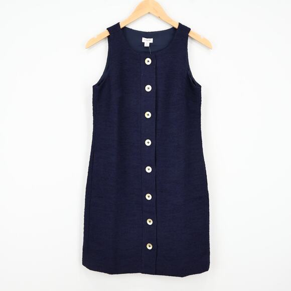 NWT J.Crew Factory Sleeveless Tweed Gold Button Shift Dress Navy Blue Size 0 - Picture 2 of 8